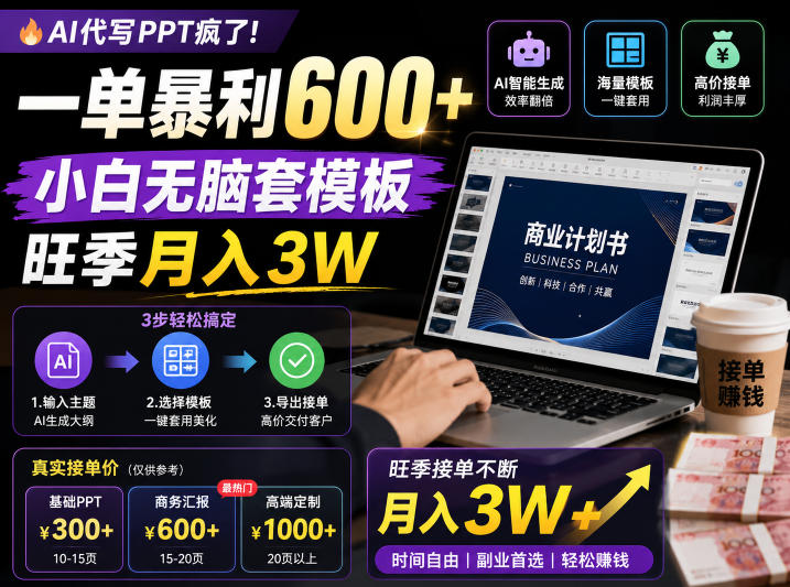 AI代写PPT疯了!一单暴利600+,小白无脑套模板,旺季月入3W,不用苦哈哈引流【揭秘】-铜臭网