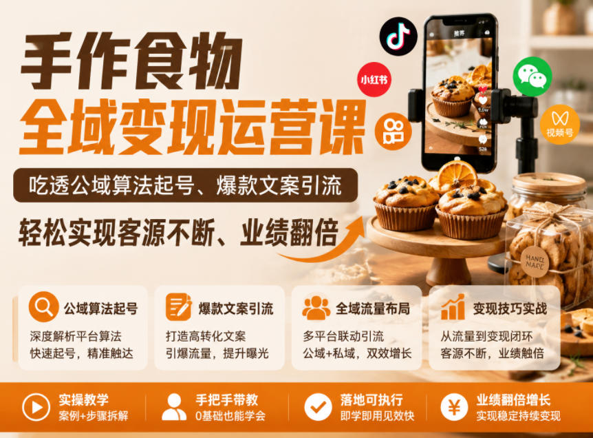 手作食物全域变现运营课,吃透公域算法起号、爆款文案引流,轻松实现客源不断、业绩翻倍-铜臭网