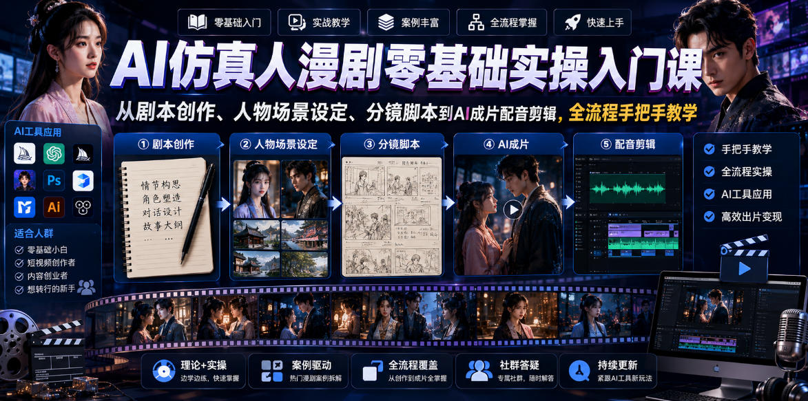 AI仿真人漫剧零基础实操入门课，从剧本创作、人物场景设定、分镜脚本到AI成片配音剪辑，全流程手把手教学-铜臭网