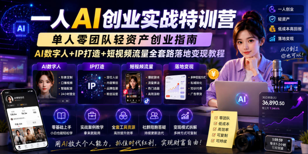 一人AI创业实战特训营,单人零团队轻资产创业指南,AI数字人+IP打造+短视频流量全套路落地变现教程-铜臭网