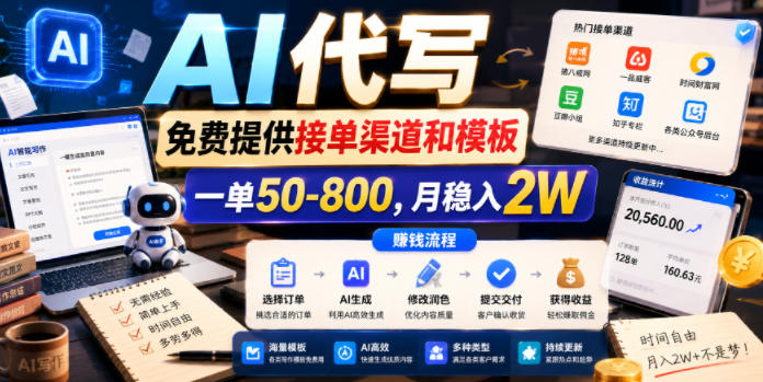 AI代写,免费提供接单渠道和模板,一单50-800,月稳入2W【揭秘】-铜臭网