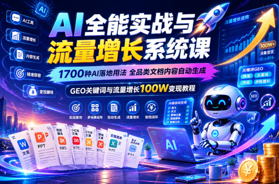 AI全能实战与流量增长系统课,1700种AI落地用法,全品类文档内容自动生成,GEO关键词与流量增长100W变现教程-铜臭网