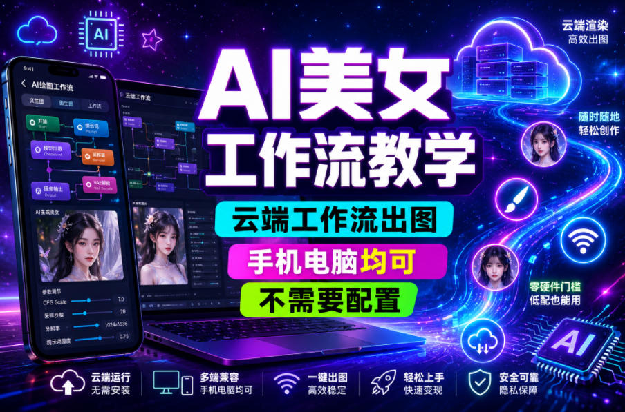 AI美女工作流教学,云端工作流出图,手机电脑均可,不需要配置,快速起号涨粉-铜臭网
