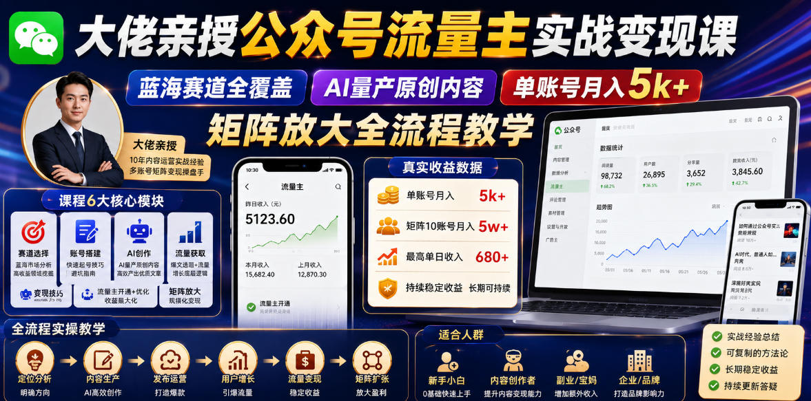 大佬亲授公众号流量主实战变现课,蓝海赛道全覆盖,AI量产原创内容,单账号月入5k+矩阵放大全流程教学-铜臭网