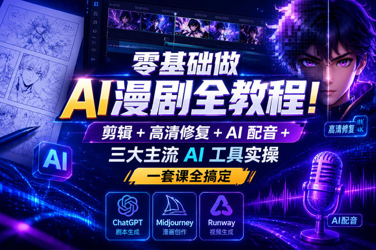零基础做AI漫剧全教程!剪辑+高清修复+AI配音+三大主流AI工具实操,一套课全搞定-铜臭网
