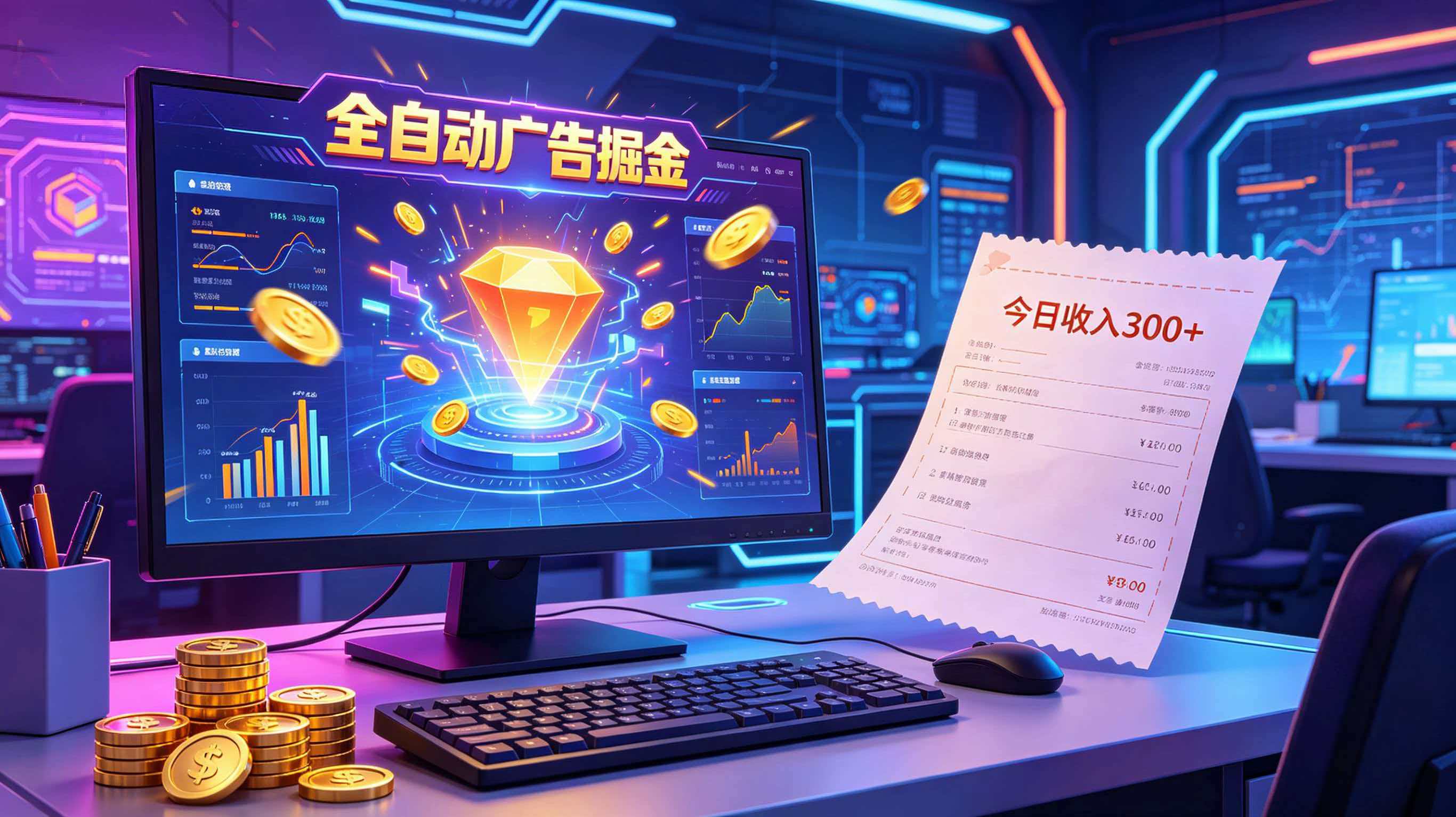 全自动广告掘金，日入300+。全程Ai自动化运行，解放双手，时间自由。收益稳定-铜臭网