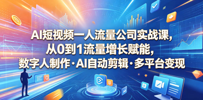 AI短视频一人流量公司实战课,从0到1流量增长赋能,数字人制作・AI自动剪辑・多平台变现,一人做流量生意全落地教程-铜臭网
