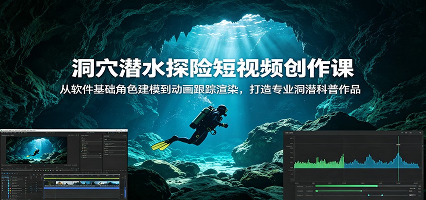 洞穴潜水探险短视频创作课：从软件基础角色建模到动画跟踪渲染，打造专业洞潜科普作品-铜臭网