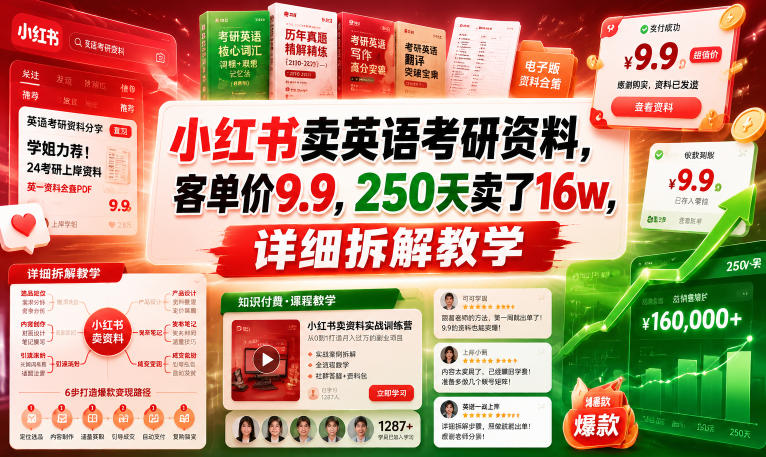 小红书卖英语考研资料，客单价9.9，250天卖了16w，详细拆解教学-铜臭网