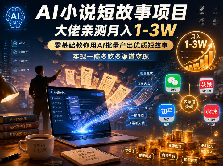 AI小说短故事项目,大佬亲测月入1-3W,零基础教你用AI批量产出优质短故事,实现一稿多吃多渠道变现-铜臭网