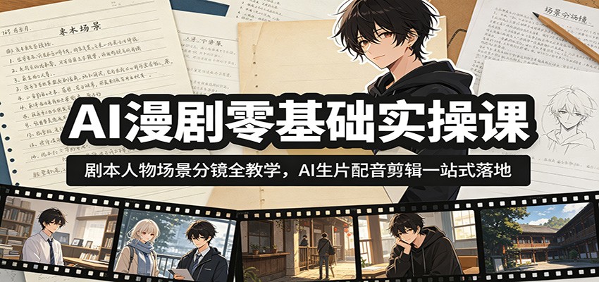 AI漫剧零基础实操课：剧本人物场景分镜全教学，AI生片配音剪辑一站式落地-铜臭网