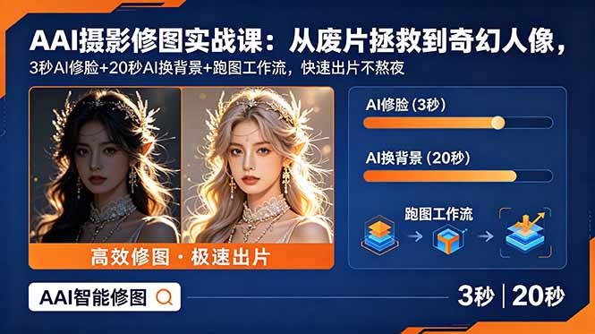 AI摄影修图实战课:从废片拯救 到 奇幻人像,3秒AI修脸+20秒AI换背景+跑图工作流,快速出片不熬夜-铜臭网
