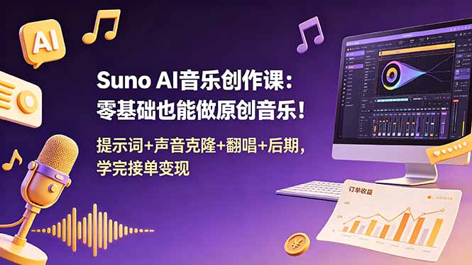 Suno AI音乐创作课:零基础也能做原创音乐!提示词+声音克隆+翻唱+后期,学完接单变现-铜臭网