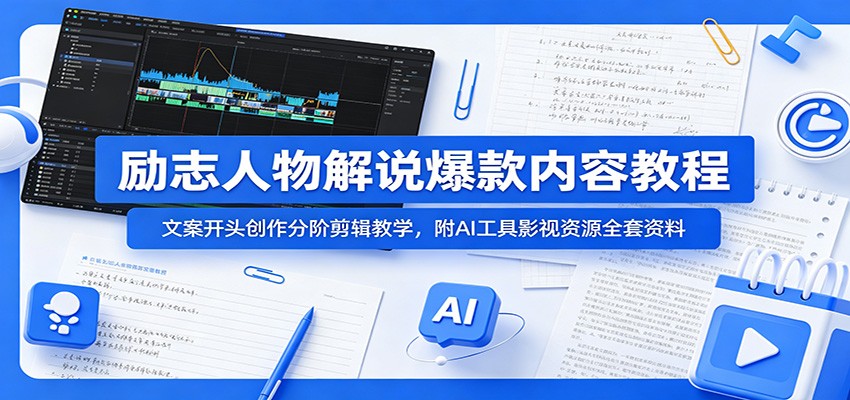 励志人物解说爆款内容教程:文案开头创作分阶剪辑教学,附AI 工具影视资源全套资料-铜臭网