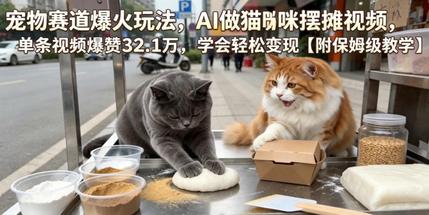 宠物赛道爆火玩法,AI做猫咪摆摊视频,单条视频爆赞32.1万,学会轻松变现【附保姆级教学】-铜臭网
