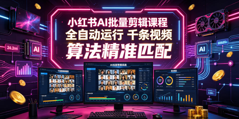 小红书AI批量剪辑课程,24小时全自动运行,解放双手专注运营,千条视频批量处理,小红书算法精准匹配-铜臭网