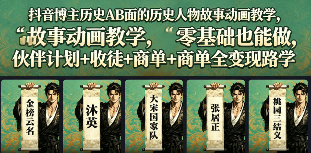 抖音博主历史AB面的历史人物故事动画教学,零基础也能做,伙伴计划+收徒+商单全变现路径教学-铜臭网