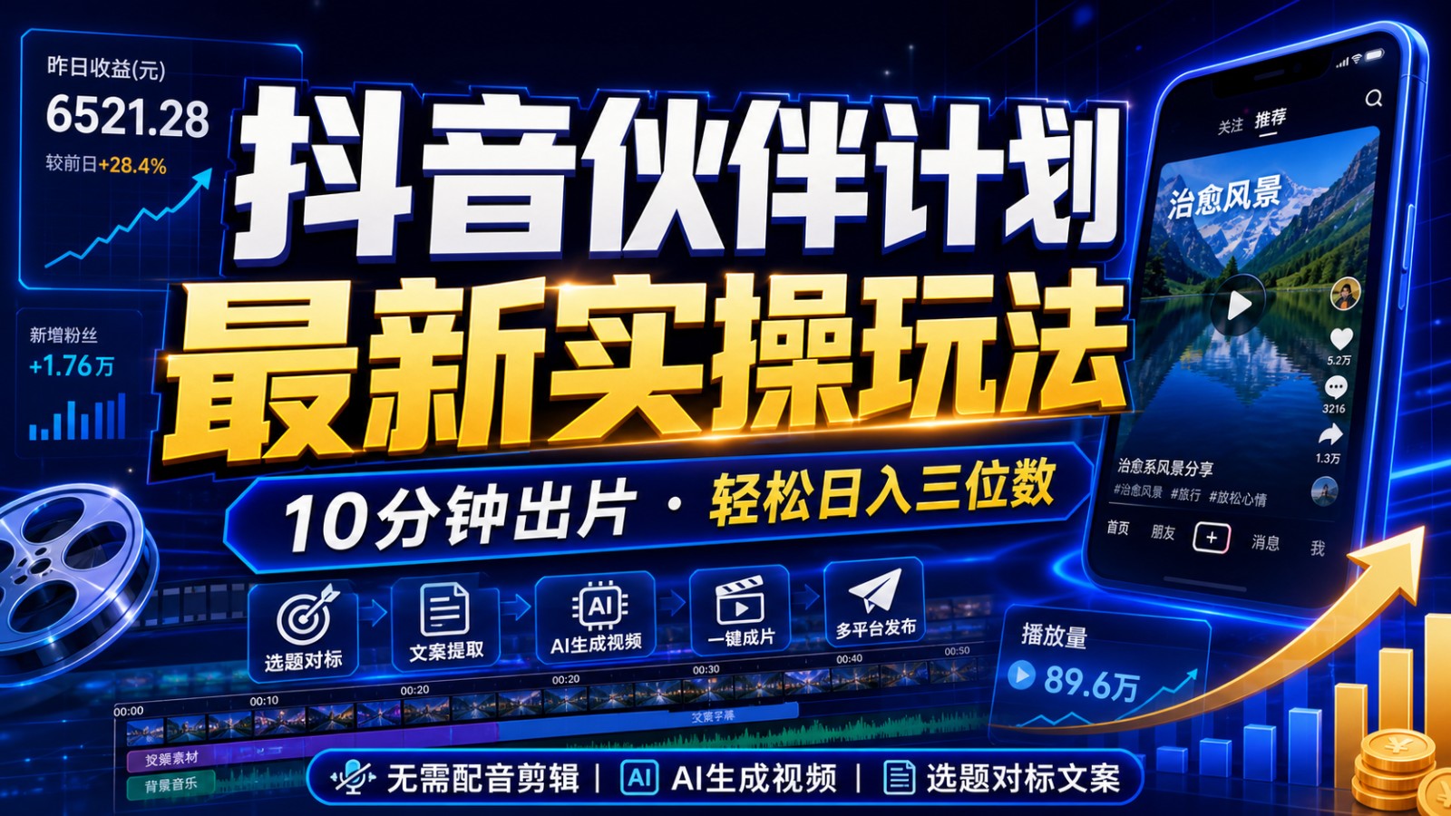 抖音伙伴计划最新暴利玩法,不用找素材和剪辑,10分钟出一条原创视频,轻松日入三位数-铜臭网