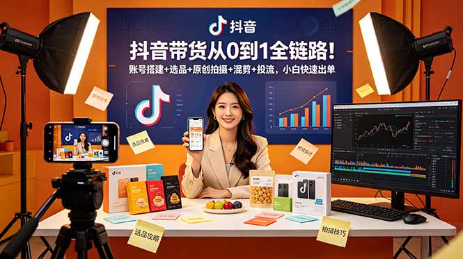 抖音带货从0到1全链路!账号搭建+选品+原创拍摄+混剪+投流,小白快速出单-铜臭网
