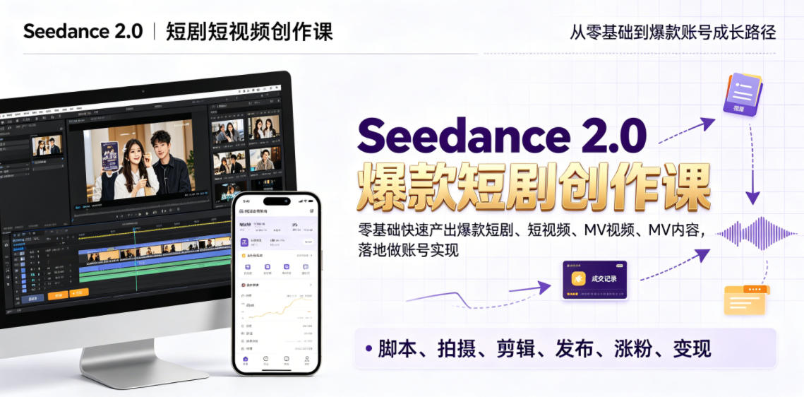 Seedance 2.0短剧短视频创作课,零基础快速产出爆款短剧、短视频、MV内容,落地做账号实现变现-铜臭网