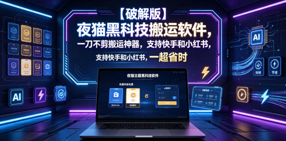 【破解版】夜猫黑科技搬运软件,一刀不剪搬运神器,支持快手和小红书,一键搬运超省时!-铜臭网