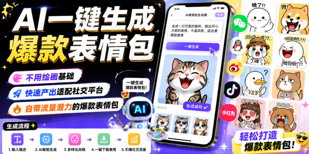 AI一键生成爆款表情包,不用绘画基础,快速产出适配社交平台,自带流量潜力的爆款表情包-铜臭网