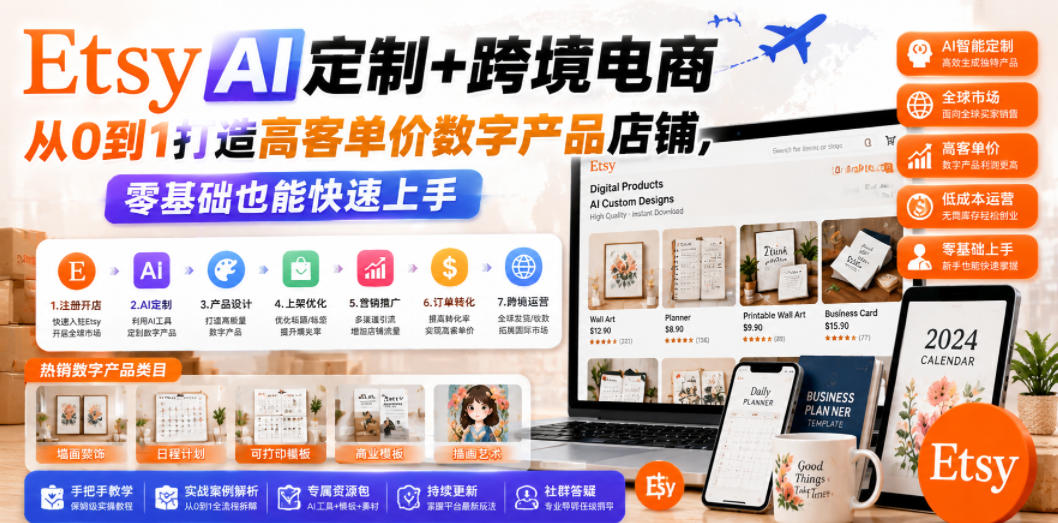 Etsy AI定制+跨境电商,从0到1打造高客单价数字产品店铺,零基础也能快速上手-铜臭网