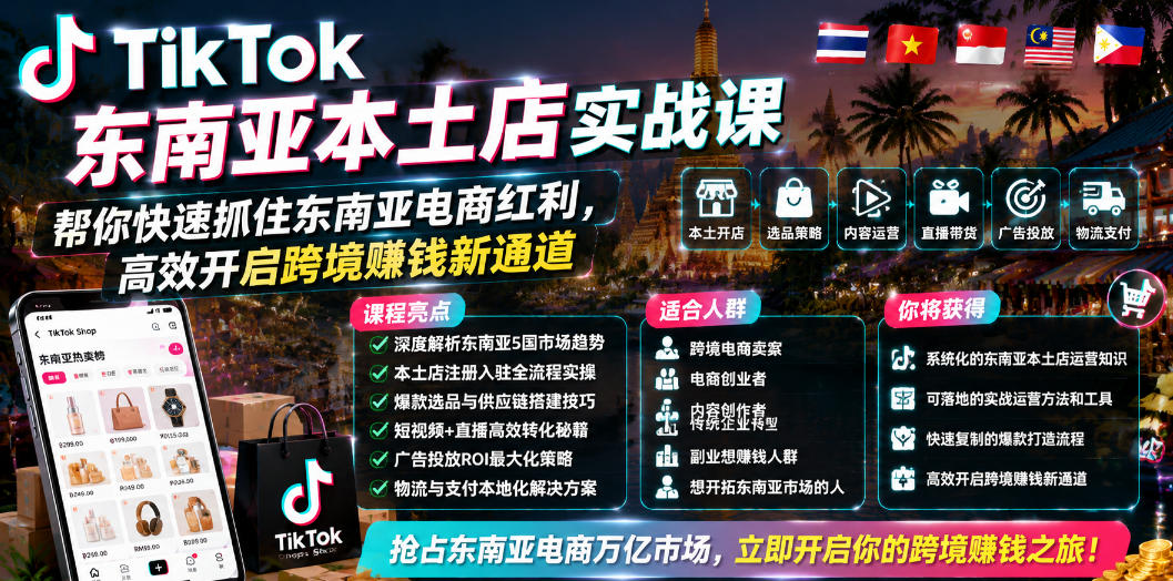 TikTok东南亚本土店实战课,帮你快速抓住东南亚电商红利,高效开启跨境賺钱新通道-铜臭网