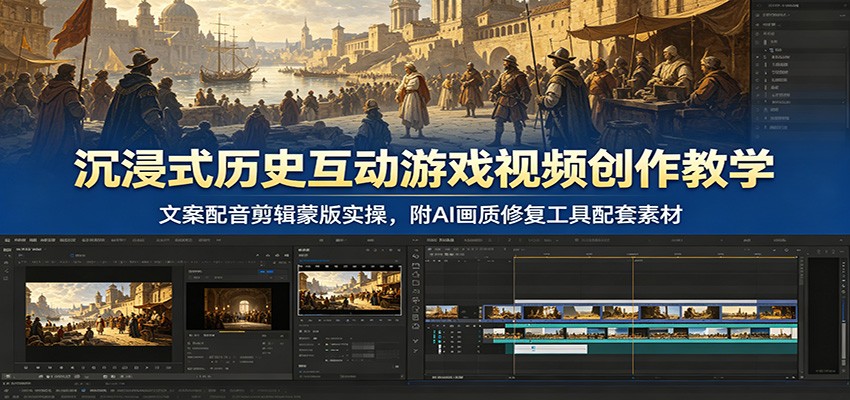沉浸式历史互动游戏视频创作教学：文案配音剪辑蒙版实操，附AI画质修复工具配套素材-铜臭网