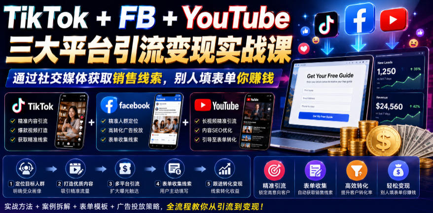 TikTok+FB+YouTube三大平台引流变现实战课,通过社交媒体获取销售线索,别人填表单你賺钱【原创双语字幕】-铜臭网