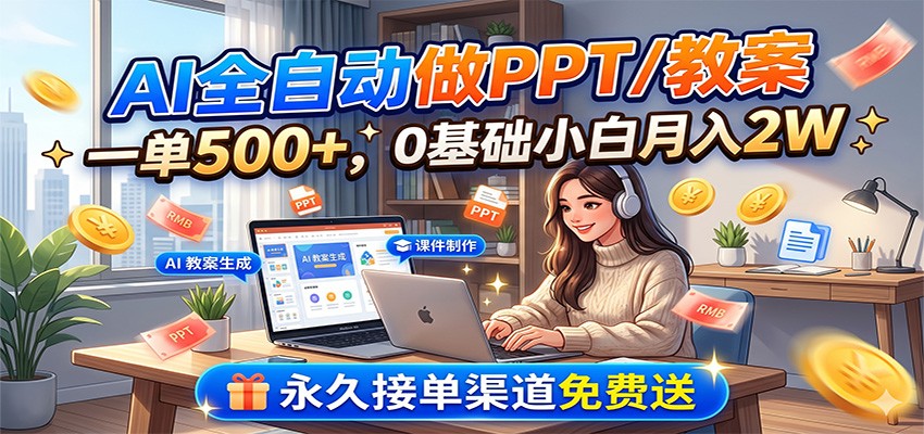 AI全自动做PPT/教案，一单500+，0基础小白月入2W，永久接单渠道免费送-铜臭网