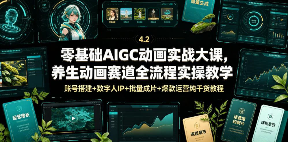 零基础AIGC动画实战大课，养生动画赛道全流程实操教学，账号搭建+数字人IP+批量成片+爆款运营纯干货教程-铜臭网