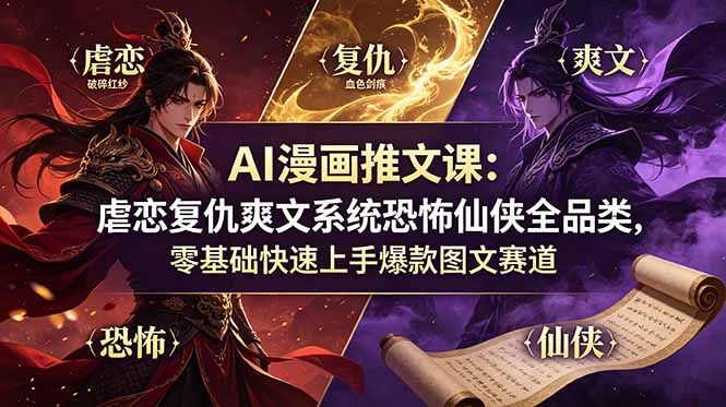 AI漫画推文课：虐恋复仇爽文系统恐怖仙侠全品类，零基础快速上手爆款图文赛道-铜臭网