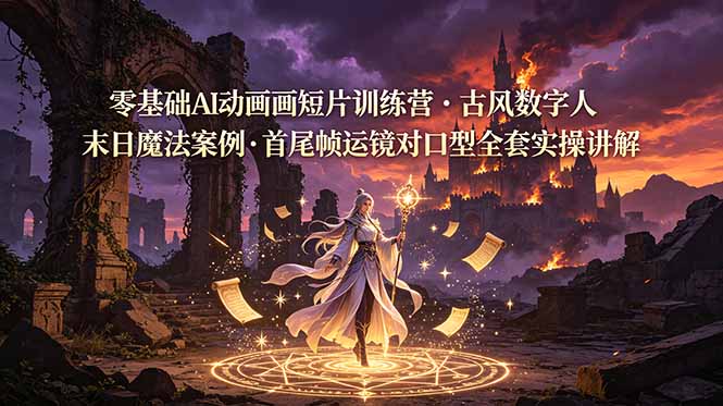 零基础AI动画短片训练营，古风数字人末日魔法案例，首尾帧运镜对口型全套实操讲解-铜臭网