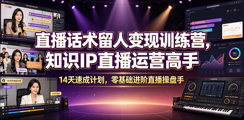 直播话术留人变现训练营,知识IP直播运营高手,14天速成计划,零基础进阶直播操盘手-铜臭网