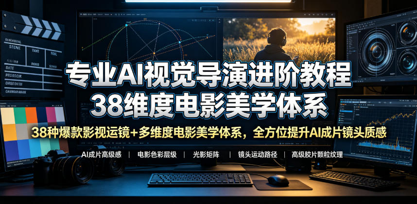 专业AI视觉导演进阶教程，38种爆款影视运镜+多维度电影美学体系，全方位提升AI成片高级感与镜头质感-铜臭网