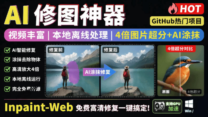 本地离线处理，4倍图片超分+AI涂抹去水印！Github上热门神器，免费高清修复图一键搞定！Inpaint-Web-铜臭网