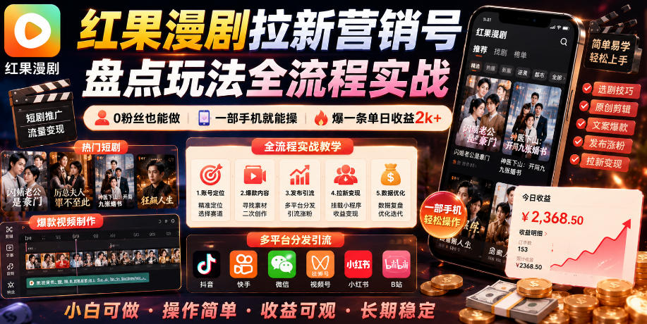 红果漫剧拉新营销号盘点玩法全流程实战,0粉丝也能做,一部手机就能做,爆一条单日收益2k+(更新0628)-铜臭网