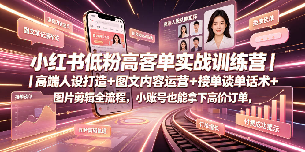 小红书低粉高客单实战训练营|高端人设打造+图文内容运营+接单谈单话术+图片剪辑全流程,小账号也能拿下高价订单-铜臭网