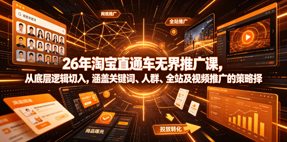 26年淘宝直通车无界推广课,从底层逻辑切入,涵盖关键词、人群、全站及视频推广的策略选择-铜臭网