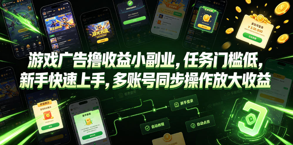 游戏广告撸收益小副业，任务门槛低，新手快速上手，多账号同步操作放大收益-铜臭网