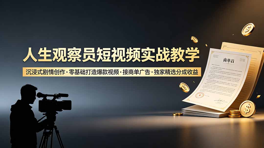 人生观察员短视频实战教学，沉浸式剧情创作，零基础打造爆款视频，接商单广告，独家精选分成收益-铜臭网