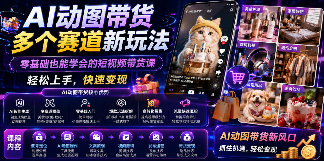 AI动图带货多个赛道新玩法，零基础也能学会的短视频带货课，轻松上手，快速变现-铜臭网