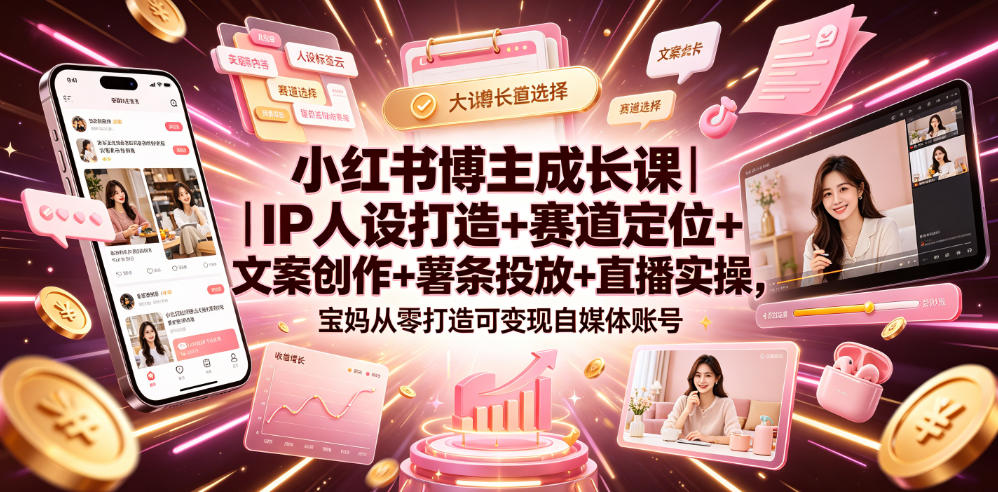 小红书博主成长课｜IP人设打造+赛道定位+文案创作+薯条投放+直播实操，宝妈从零打造可变现自媒体账号-铜臭网