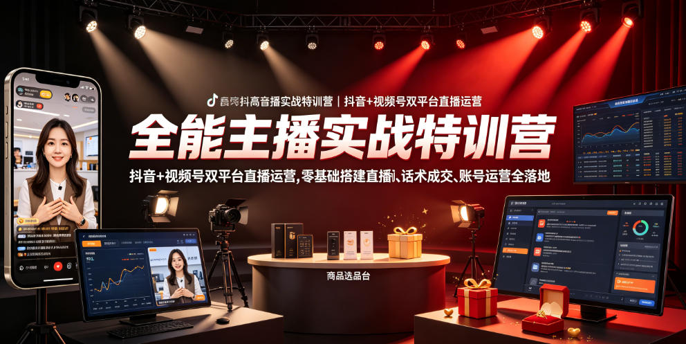 全能主播实战特训营|抖音+视频号双平台直播运营,零基础搭建直播间、精准选品、话术成交、账号运营全落地-铜臭网