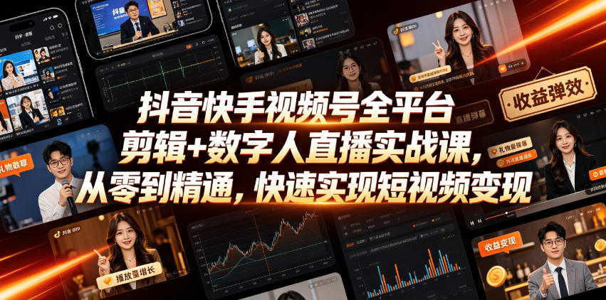 抖音快手视频号全平台剪辑+数字人直播实战课，从零到精通，快速实现短视频变现(更新2026年6月)​-铜臭网