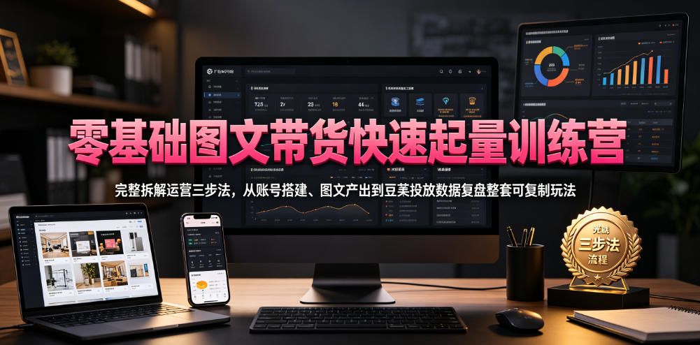 零基础图文带货快速起量训练营,完整拆解运营三步法,从账号搭建、图文产出到豆荚投放数据复盘整套可复制玩法-铜臭网