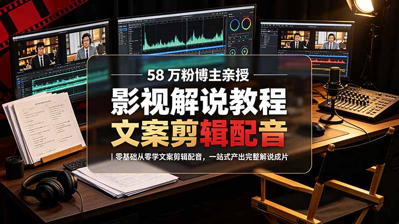 58 万粉博主荧幕春秋亲授影视解说教程|零基础从零学文案剪辑配音,一站式产出完整解说成片-铜臭网