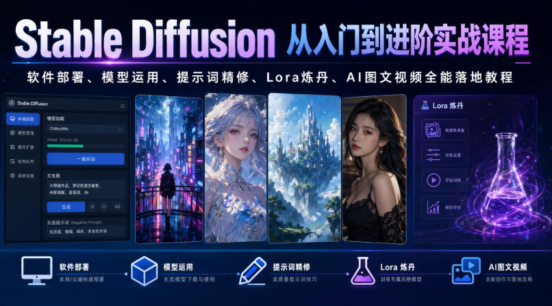 Stable Diffusion从入门到进阶实战课程｜软件部署、模型运用、提示词精修、Lora炼丹、AI图文视频全能落地教程-铜臭网