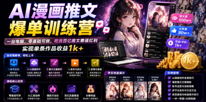 AI漫画推文爆单训练营，一台电脑，零基础可做，吃透百亿推文赛道红利，实现单条作品收益1k+-铜臭网